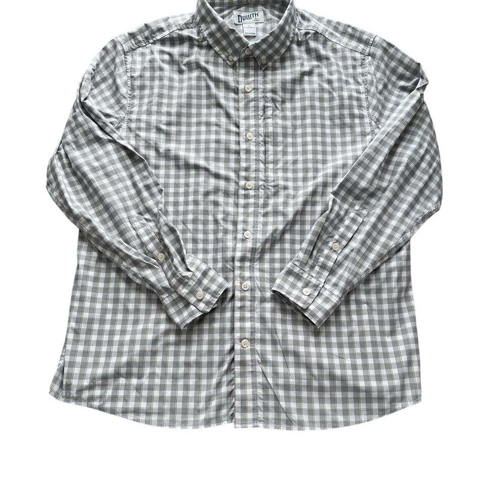 Duluth Trading Co. Untucked Perfomance Shirt Gray Plaid Slight Stretch Men's XL